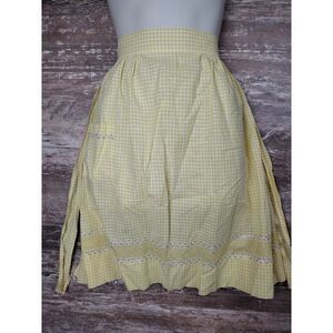 Vintage Half Apron Yellow White Gingham Rick Rack Trim 1950 Handmade Pocket MCM